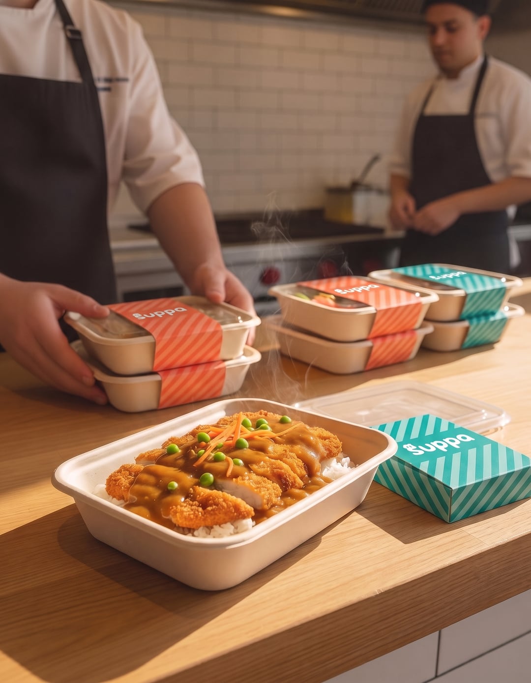 A chef lining up sleeved Suppa trays of chicken katsu curry on the pass of a Plymouth restaurant kitchen