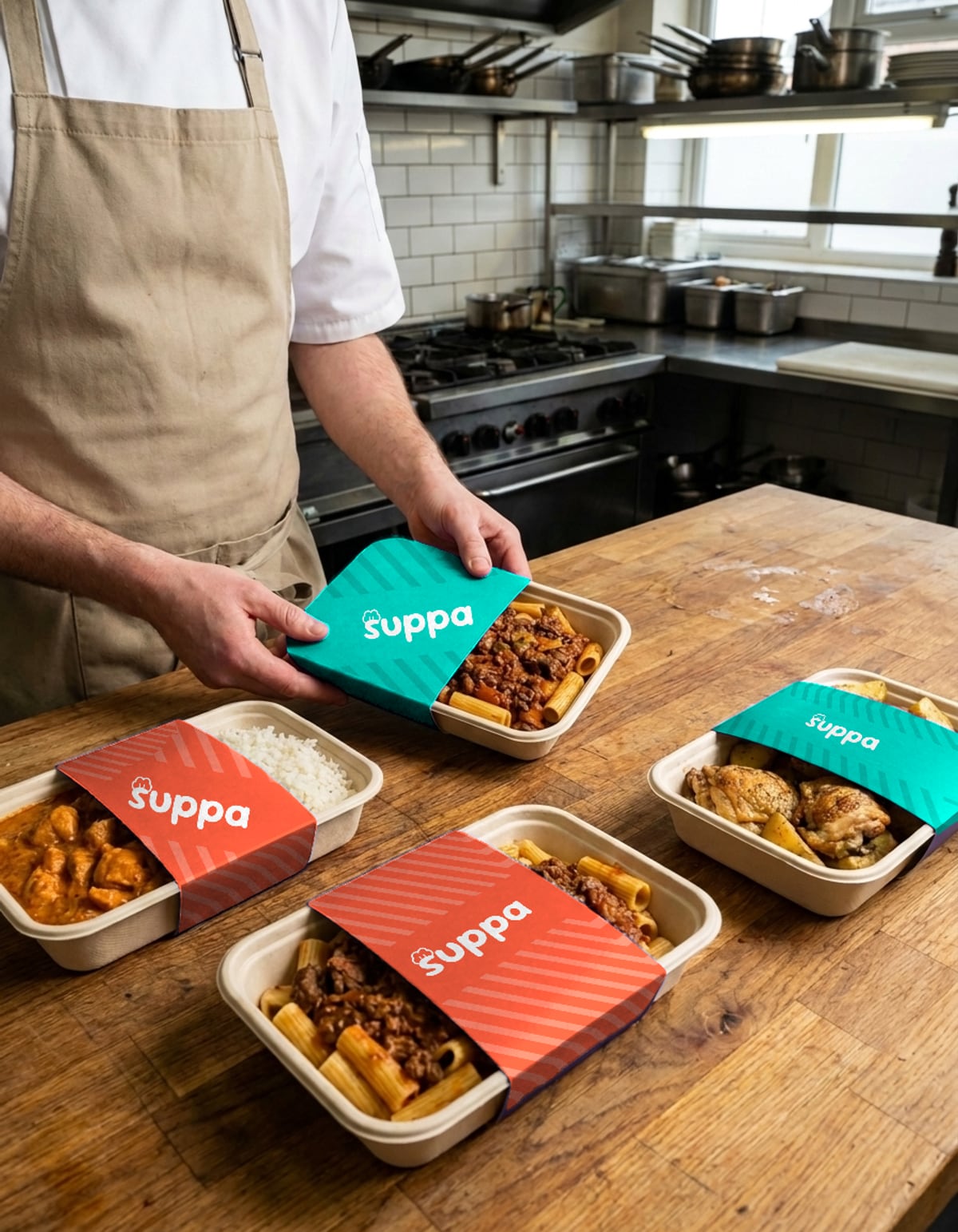 A chef sleeving freshly filled Suppa trays on a Plymouth restaurant pass