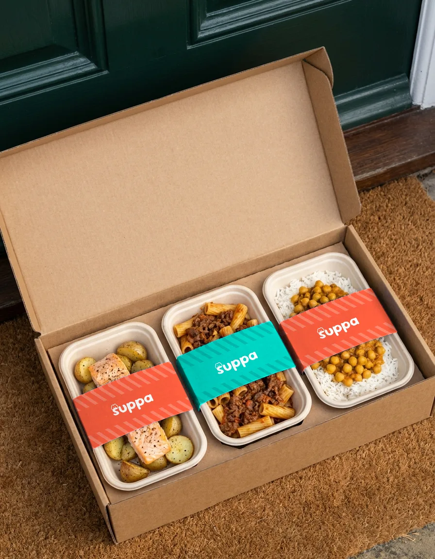 An open delivery box on a front doorstep holding three sleeved Suppa trays