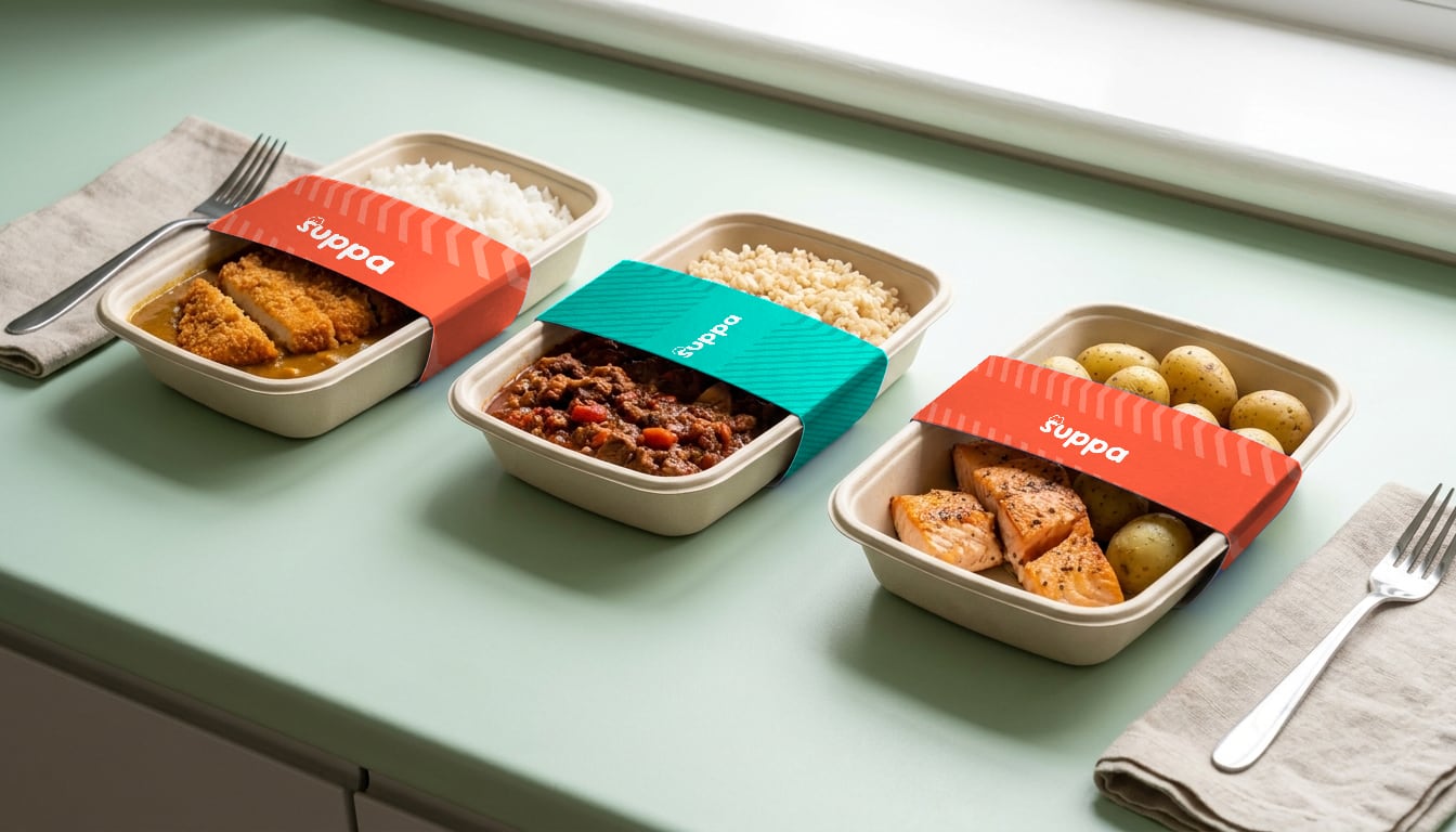 Three sleeved Suppa trays on a mint kitchen counter