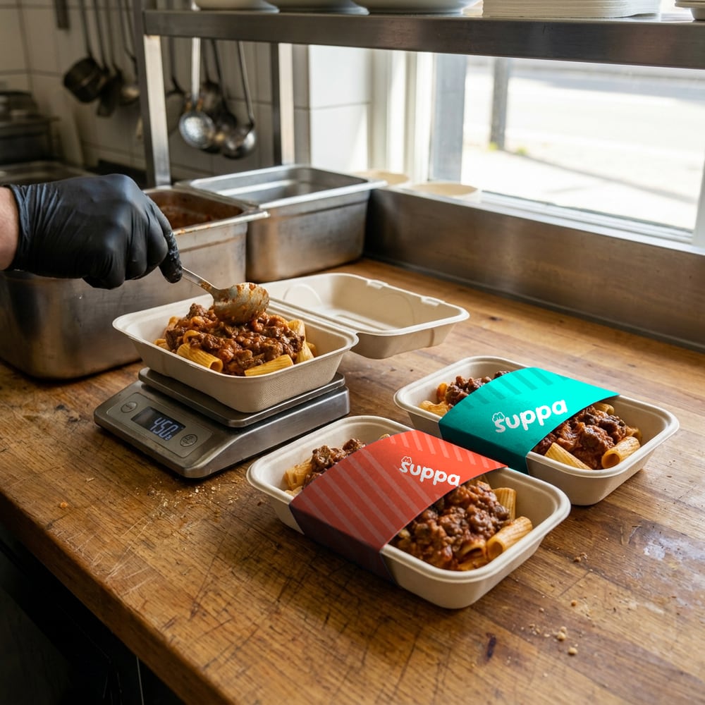 A chef portioning beef ragu into a Suppa tray on the scales, sleeved trays beside it